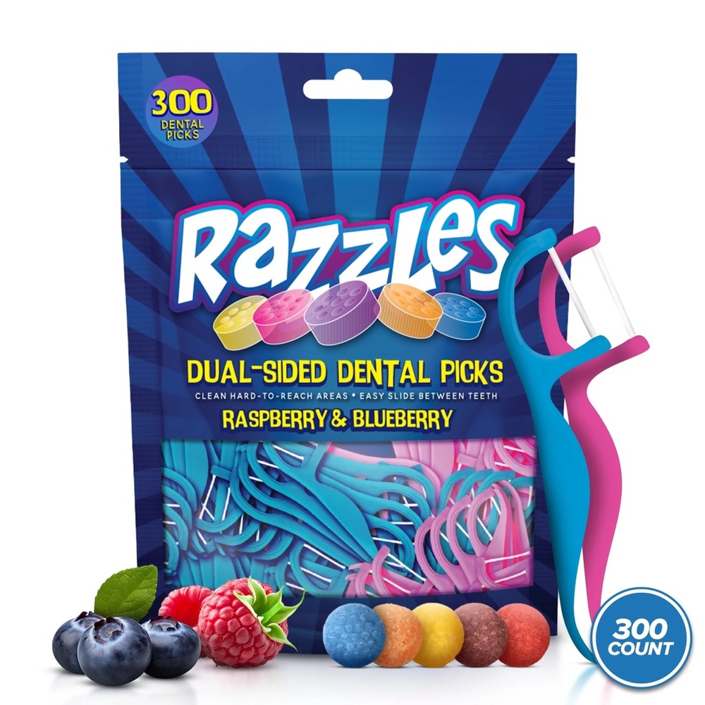 Razzles Dual-Sided Dental Picks - Raspberry & Blueberry